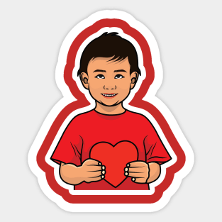 Cute Boy Holding Heart with Showing Emotion Sticker design vector illustration. People holiday icon concept. People holding hearts. People expressing love concept. Sticker